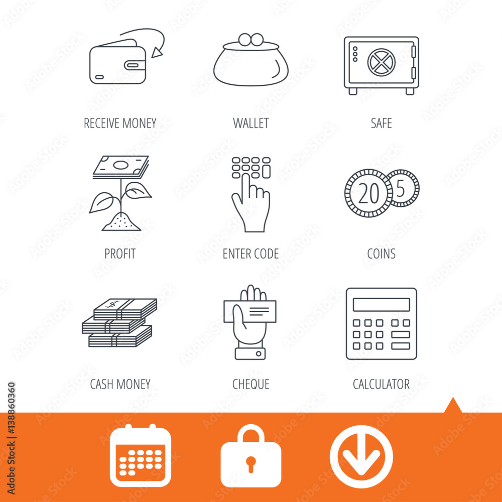 Cash money, safe box and calculator icons. Safe box, cheque and dollar usd  linear signs. Profit investment, wallet and coins icons. Download arrow,  locker and calendar web icons. Vector Stock Vector