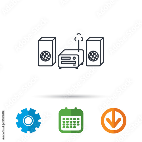 Music center icon. Stereo system sign. Calendar, cogwheel and download arrow signs. Colored flat web icons. Vector