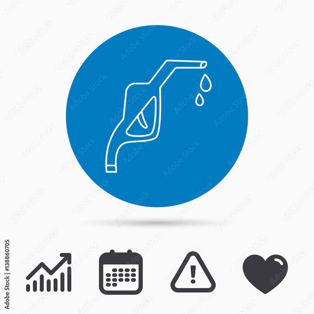 Gasoline pump nozzle icon. Gas or Petrol station sign. Calendar, attention sign and growth chart. Button with web icon. Vector Gasoline pump nozzle icon. Gas or Petrol station sign. Calendar, attention sign and growth chart. Button with web icon. Vector