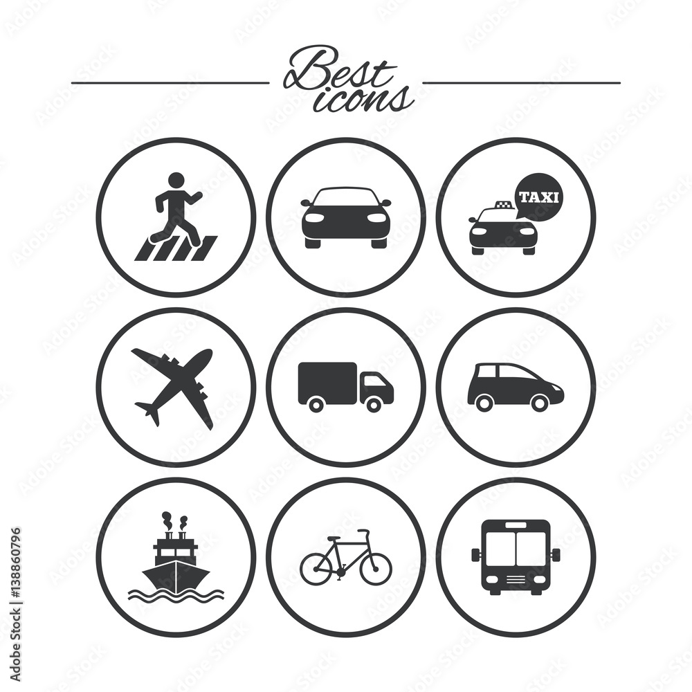 Transport icons. Car, bike, bus and taxi signs. Transport icons. Car, bike, bus and taxi signs.