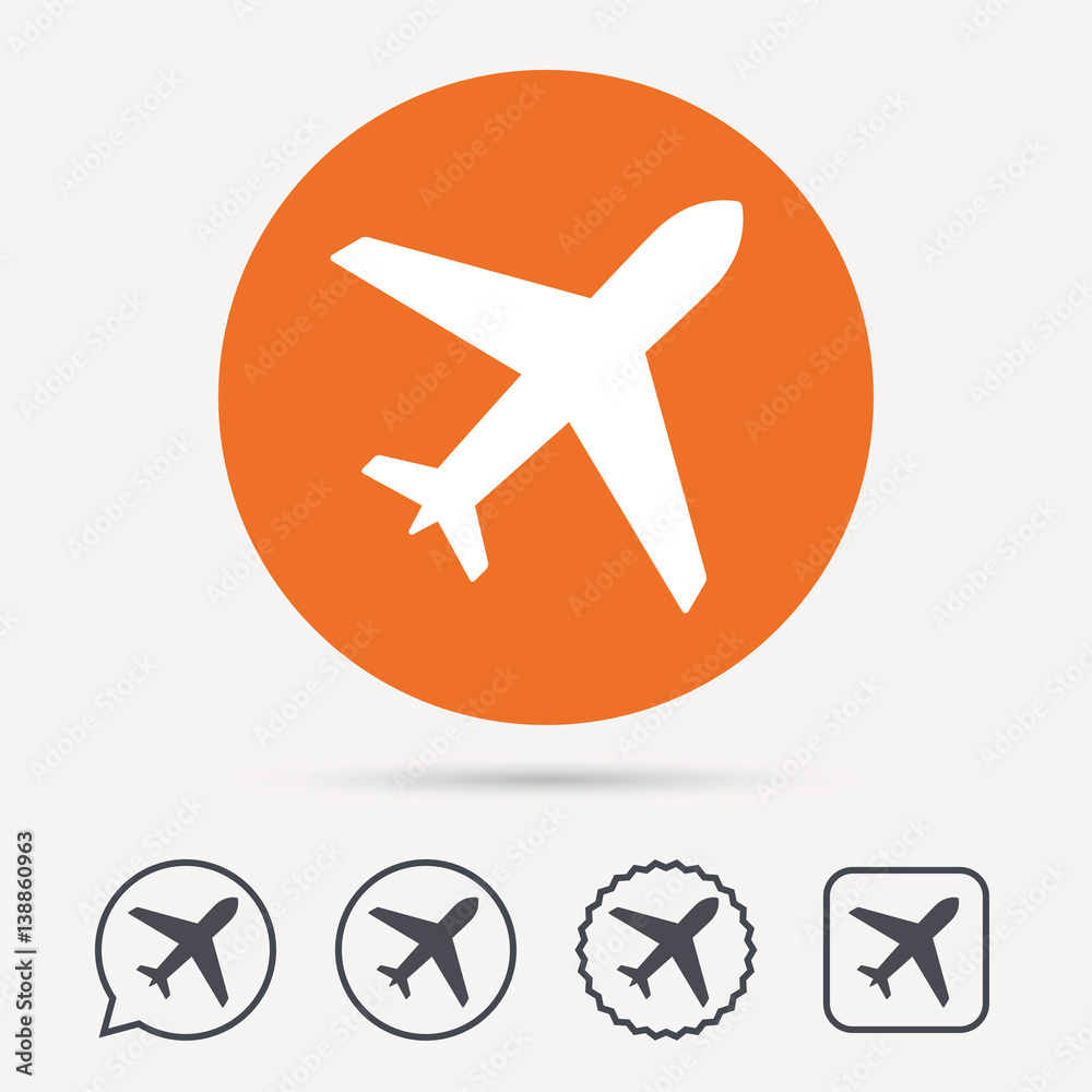 Plane icon. Flight transport symbol. Circle, speech bubble and star buttons. Flat web icons. Vector Plane icon. Flight transport symbol. Circle, speech bubble and star buttons. Flat web icons. Vector