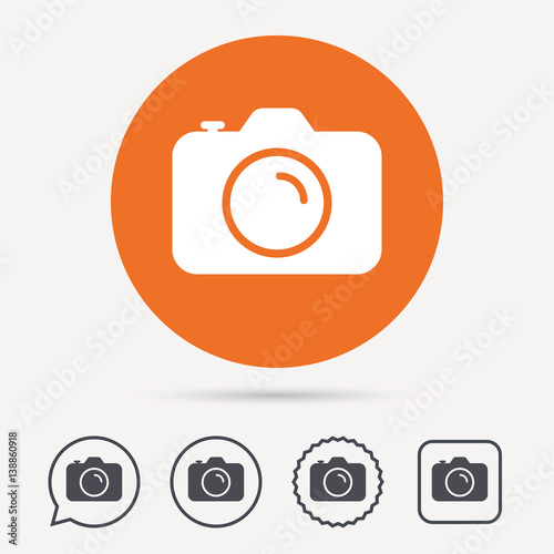 Camera icon. Professional photocamera symbol. Circle, speech bubble and star buttons. Flat web icons. Vector