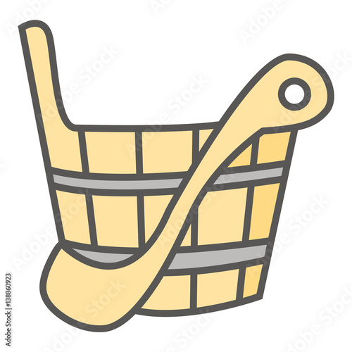 Simple vector icon of sauna wooden scoop and bucket on white background.
