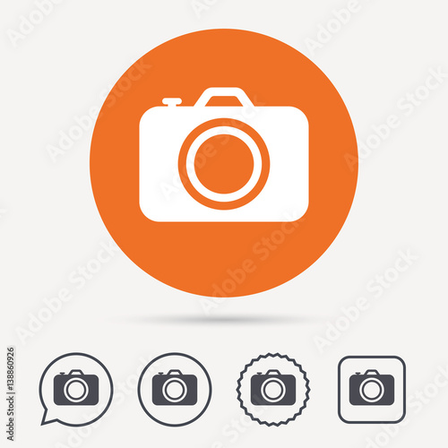 Camera icon. Professional photocamera symbol. Circle, speech bubble and star buttons. Flat web icons. Vector