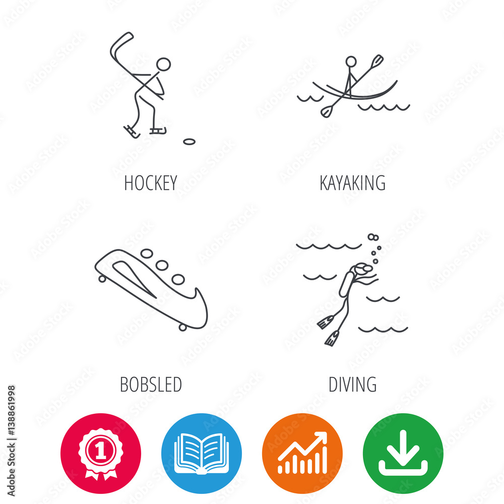 Ice hockey, diving and kayaking icons. Bobsled linear sign. Award medal, growth chart and opened book web icons. Download arrow. Vector