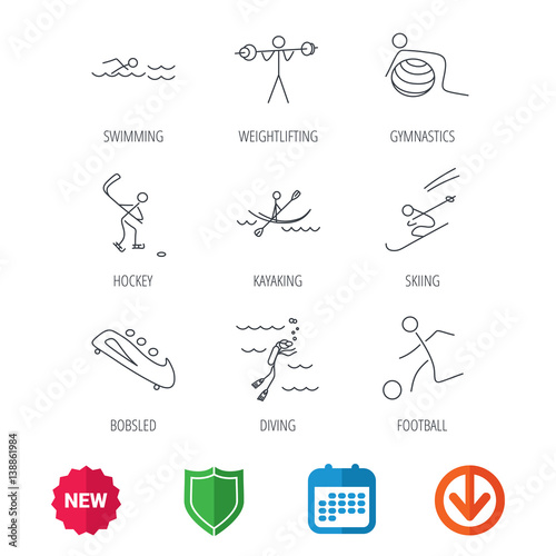 Swimming, football and skiing icons. Ice hockey, diving and gymnastics linear signs. Kayaking, weightlifting and bobsleigh icons. New tag, shield and calendar web icons. Download arrow. Vector