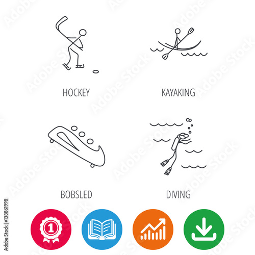 Ice hockey, diving and kayaking icons. Bobsled linear sign. Award medal, growth chart and opened book web icons. Download arrow. Vector
