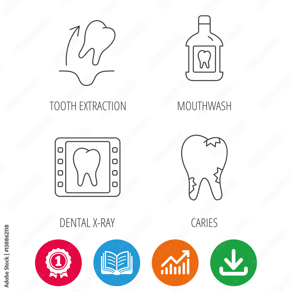 Tooth extraction, caries and mouthwash icons. Dental x-ray linear sign. Award medal, growth chart and opened book web icons. Download arrow. Vector Tooth extraction, caries and mouthwash icons. Dental x-ray linear sign. Award medal, growth chart and opened book web icons. Download arrow. Vector