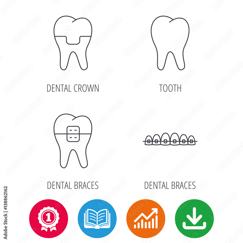 Dental crown, braces and tooth icons. Stomatology linear sign. Award medal, growth chart and opened book web icons. Download arrow. Vector Dental crown, braces and tooth icons. Stomatology linear sign. Award medal, growth chart and opened book web icons. Download arrow. Vector