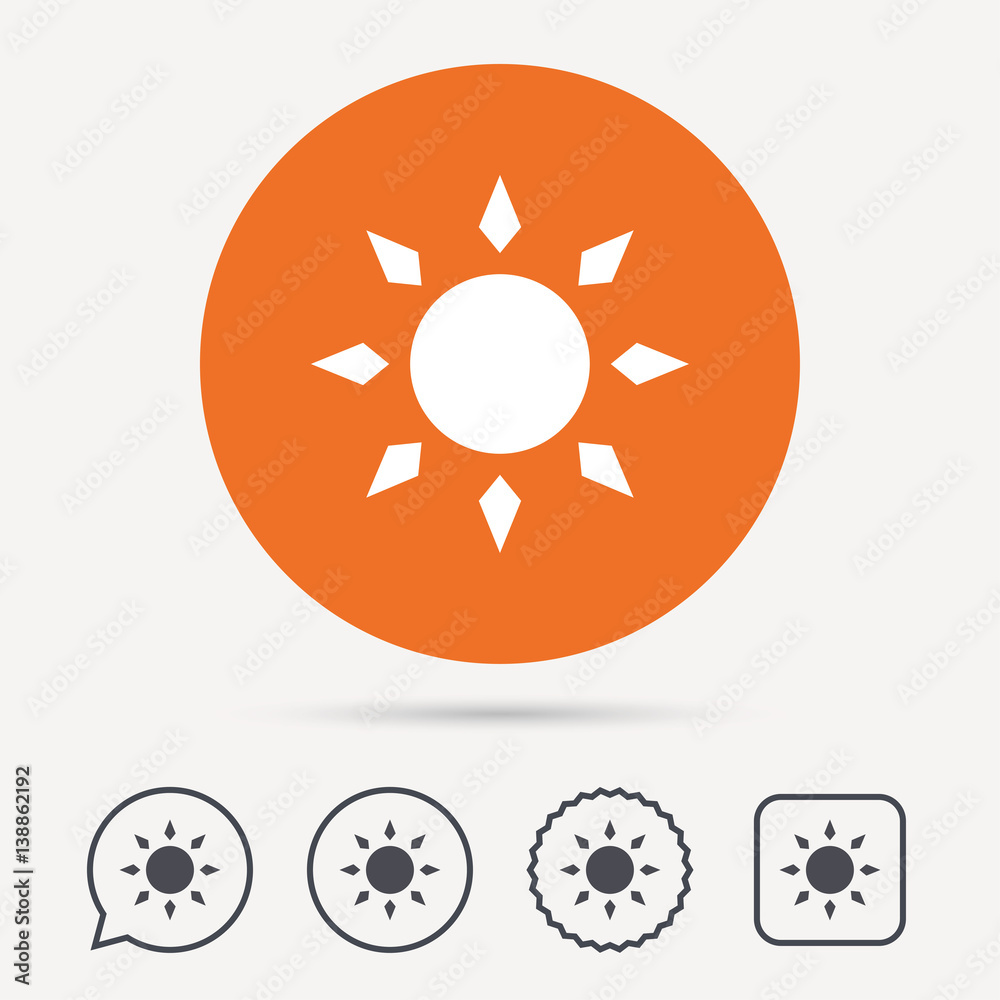 Sun icon. Sunny weather symbol. Circle, speech bubble and star buttons. Flat web icons. Vector Sun icon. Sunny weather symbol. Circle, speech bubble and star buttons. Flat web icons. Vector