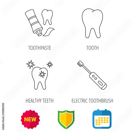 Healthy teeth, tooth and toothpaste icons. Electric toothbrush linear sign. Shield protection, calendar and new tag web icons. Vector