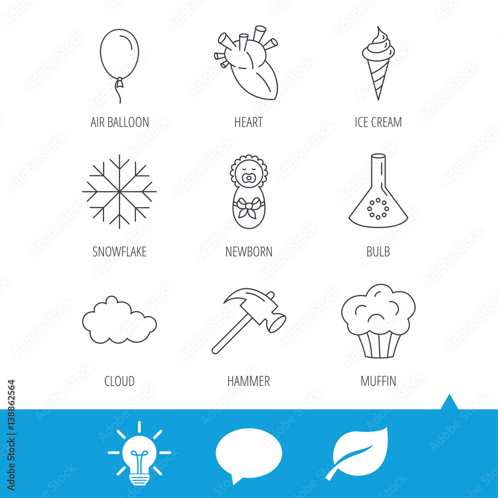 Newborn, heart and lab bulb icons. Ice cream, muffin and air balloon linear signs. Cloud and snowflake flat line icons. Light bulb, speech bubble and leaf web icons. Vector Newborn, heart and lab bulb icons. Ice cream, muffin and air balloon linear signs. Cloud and snowflake flat line icons. Light bulb, speech bubble and leaf web icons. Vector