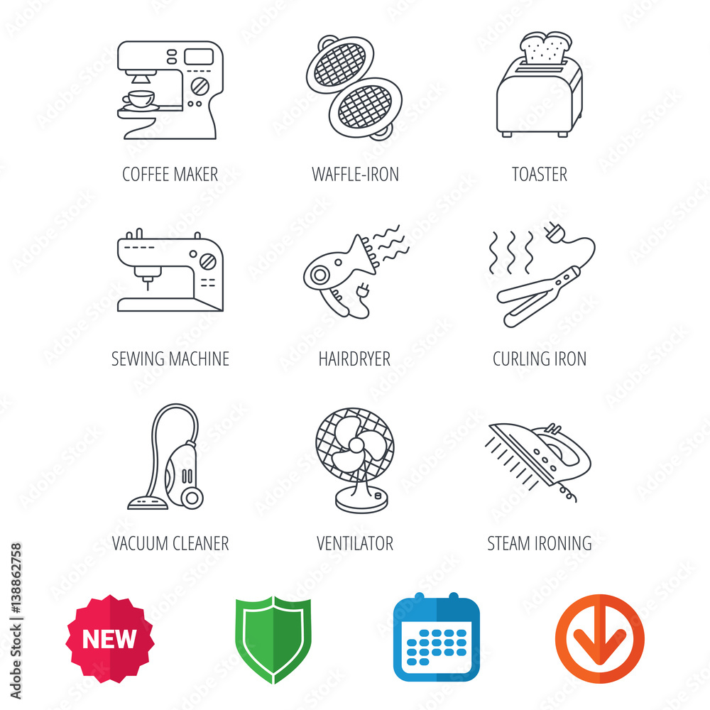 Coffee maker, sewing machine and toaster icons. Ventilator, vacuum cleaner linear signs. Hair dryer, steam ironing and waffle-iron icons. New tag, shield and calendar web icons. Download arrow. Vector Coffee maker, sewing machine and toaster icons. Ventilator, vacuum cleaner linear signs. Hair dryer, steam ironing and waffle-iron icons. New tag, shield and calendar web icons. Download arrow. Vector