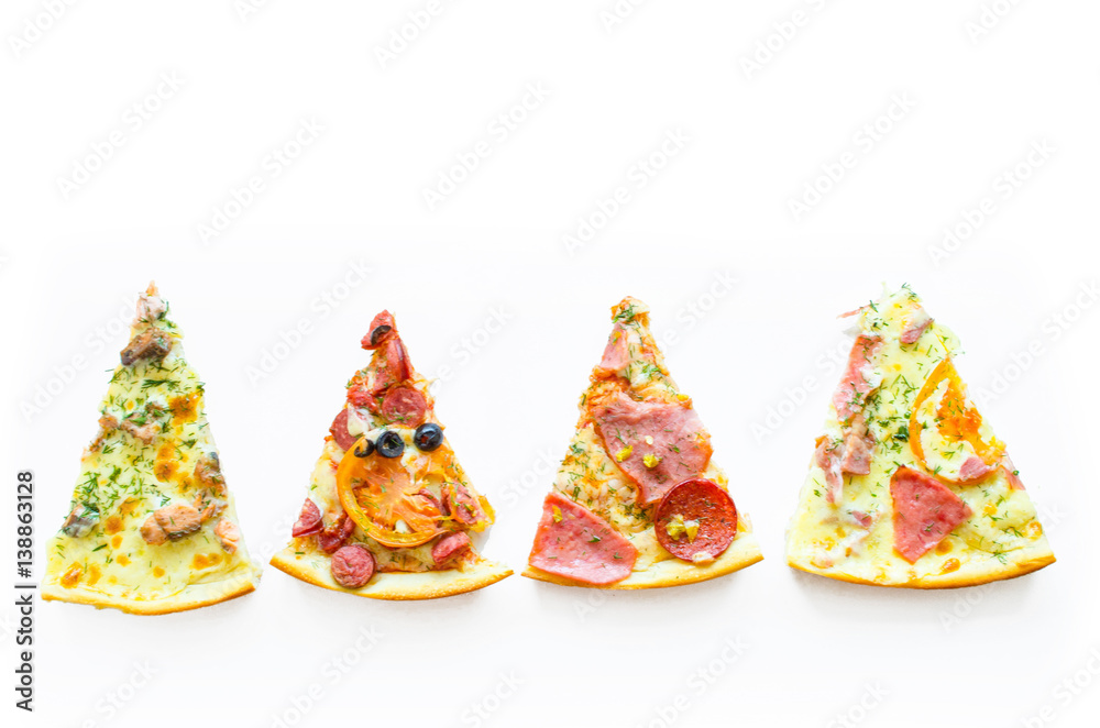 Four different slices of pizza on a white background and space for text