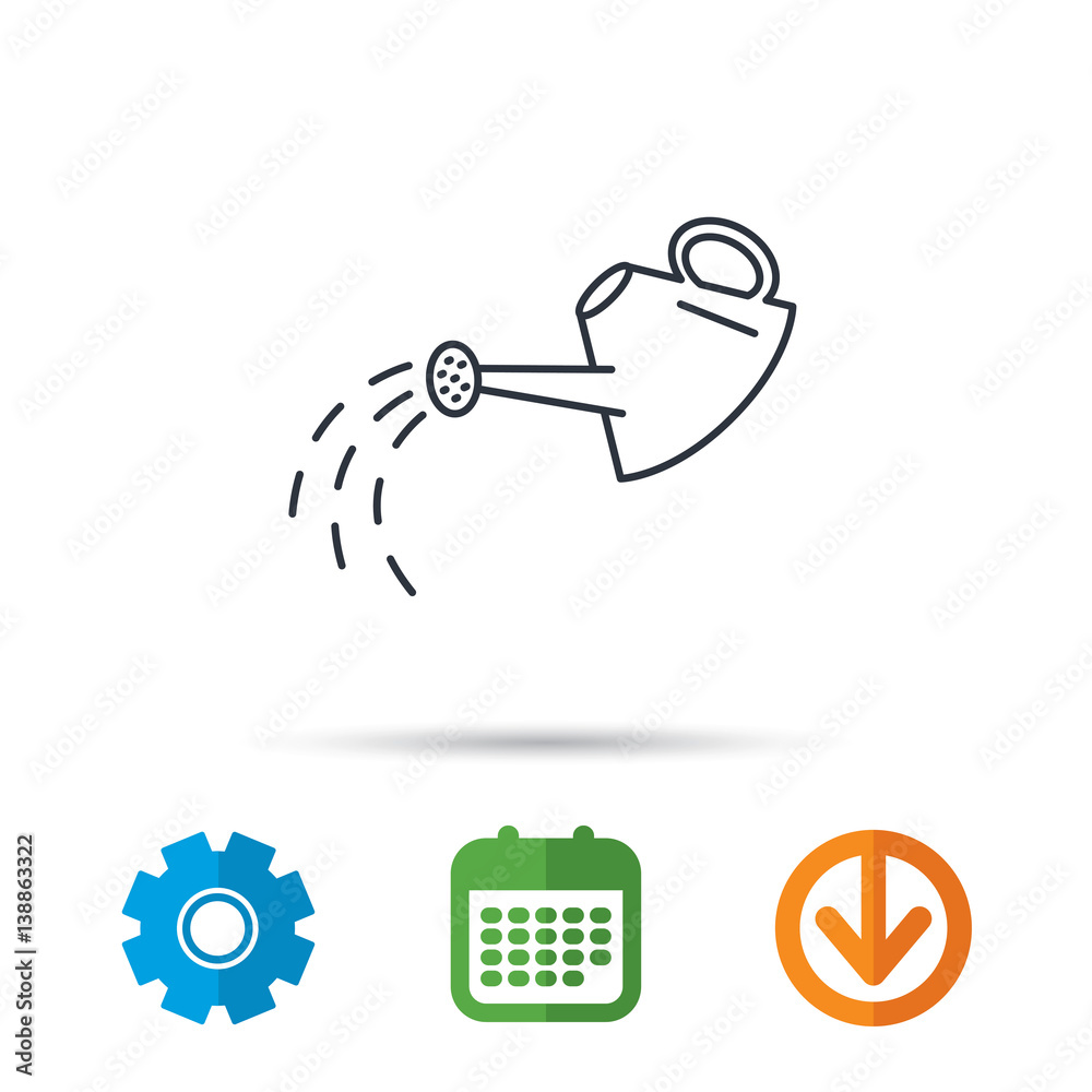 Fototapeta premium Watering can icon. Gardener equipment sign symbol. Calendar, cogwheel and download arrow signs. Colored flat web icons. Vector