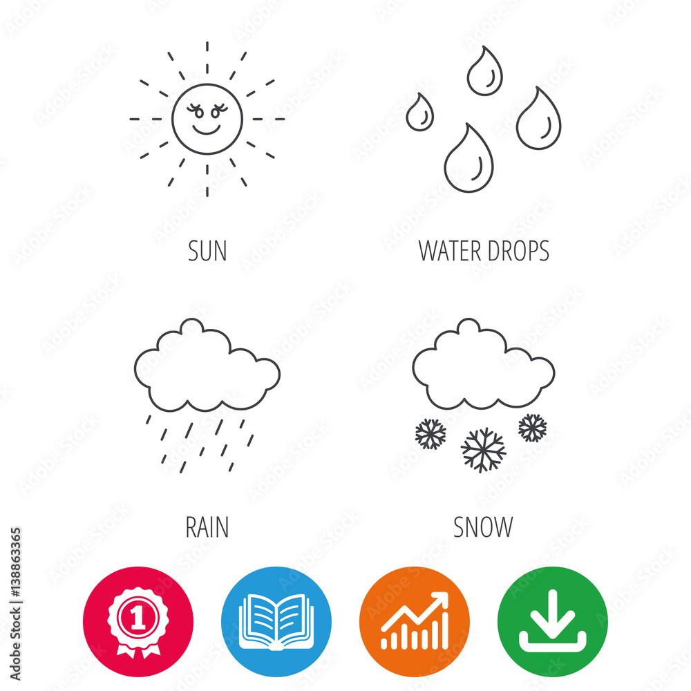 Weather, sun and rain icons. Snow linear sign. Award medal, growth chart and opened book web icons. Download arrow. Vector Weather, sun and rain icons. Snow linear sign. Award medal, growth chart and opened book web icons. Download arrow. Vector