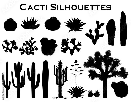 Valokuvatapetti Black silhouettes of cactuses, agave, joshua tree, and prickly pear