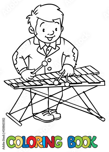 Funny musician or xylophone player. Coloring book