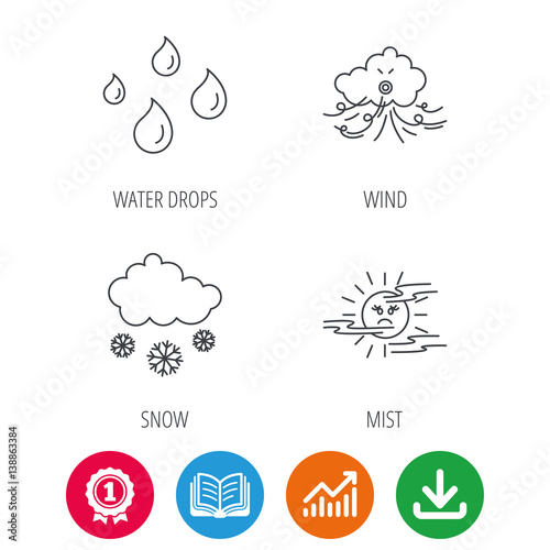 Weather, snow and rain icons. Water drops and mist linear signs. Award medal, growth chart and opened book web icons. Download arrow. Vector