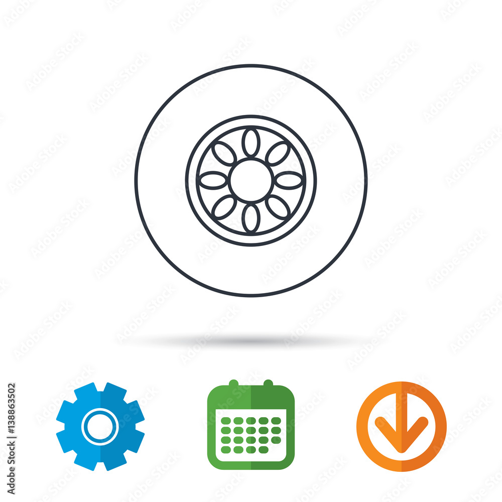 Car wheel icon. Automobile service sign. Calendar, cogwheel and download arrow signs. Colored flat web icons. Vector