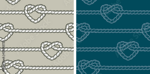 Seamless pattern, hearts. Two different versions of seamless pattern vectors with hearts made with nautical ropes.