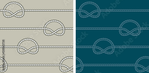 Seamless pattern, knotted rope. Two different versions of seamless pattern vectors with knots made with nautical ropes.