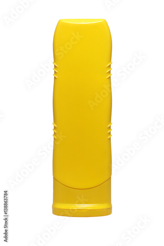 Yellow tube bottle of sunscreen, shampoo, conditioner, hair rinse, gel isolated.