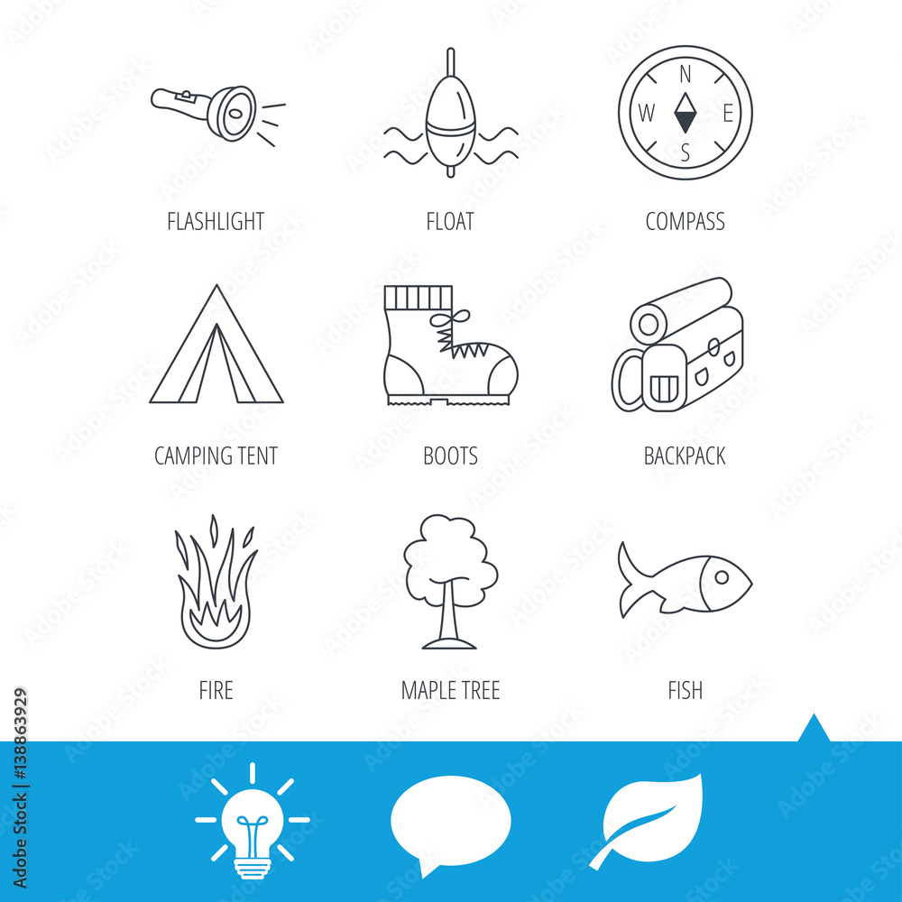 Fototapeta premium Maple tree, fishing float and hiking boots icons. Compass, flashlight and fire linear signs. Camping tent, fish and backpack icons. Light bulb, speech bubble and leaf web icons. Vector