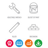 Brickwork, measurement and adjustable wrench icons. Bucket of paint linear sign. Award medal, growth chart and opened book web icons. Download arrow. Vector