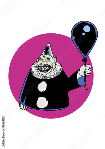 A creepy clown with a black balloon. Vector Illustration.