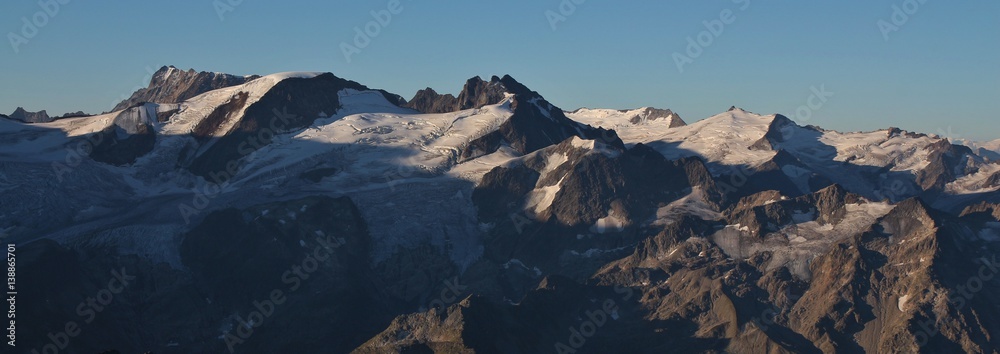 Mountain range covered by glacier, view from mount Titlis
