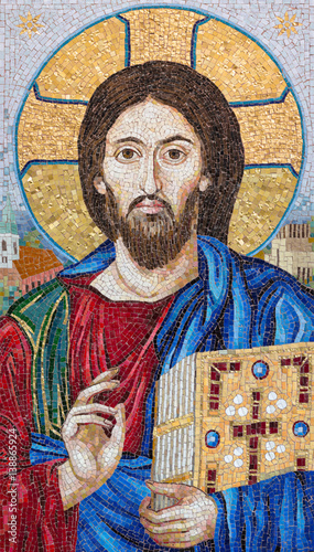 BERLIN, GERMANY, FEBRUARY - 16, 2017: The mosaik of the Blessed Jesus in church Marienkirche by workroom Cosmomusivo (2014) after old icon from Katherine cloistero on the Mt. Sinai.