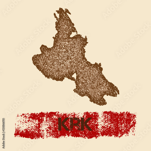 Krk distressed map. Grunge patriotic poster with textured island ink stamp and roller paint mark, vector illustration.