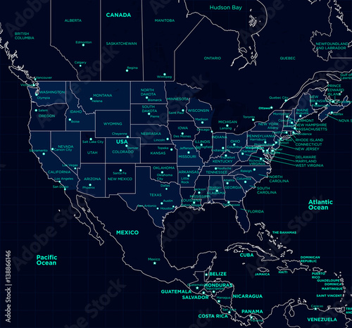 Detailed map of the USA, futuristic style