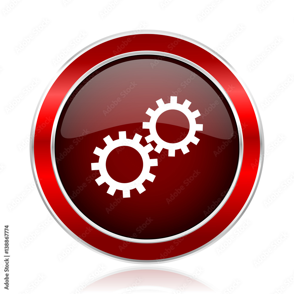 Gear red round glossy vector web icon. Circle modern design chrome metal border abstract sign for smartphone applications Gear red round glossy vector web icon. Circle modern design chrome metal border abstract sign for smartphone applications