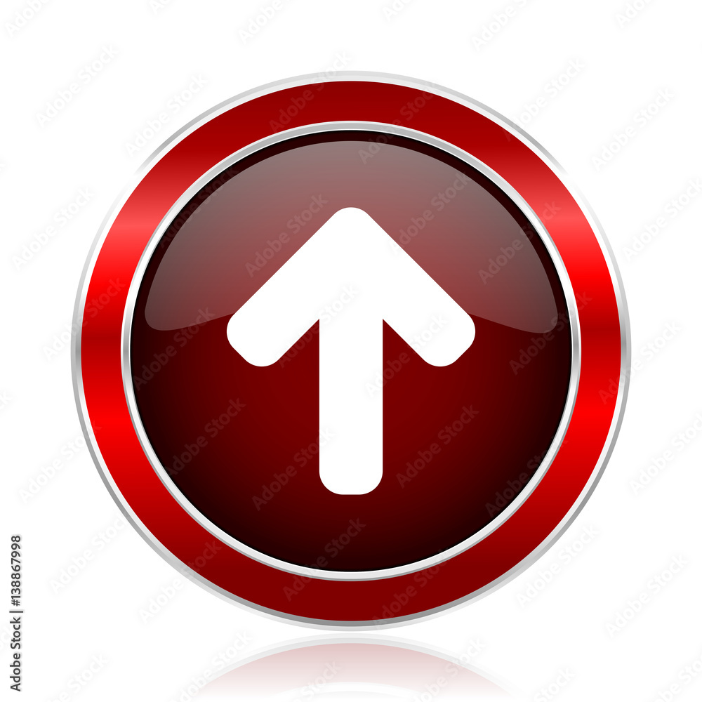 Up arrow red round glossy vector web icon. Circle modern design chrome metal border abstract sign for smartphone applications Up arrow red round glossy vector web icon. Circle modern design chrome metal border abstract sign for smartphone applications