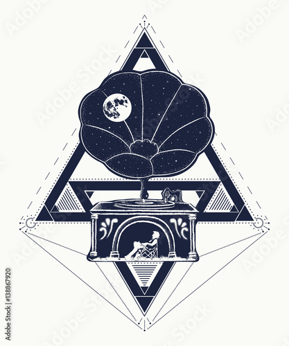 Old gramophone tattoo art. Man looks at the moon in the sky, adventure, camping, travel and tourism. T-shirt design, cover. Vector illustration.