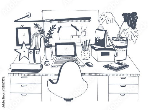 Creative modern workplace with laptop, hand drawn vector illustration, sketch style.
