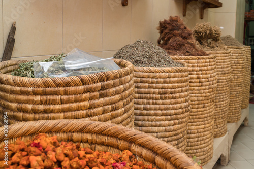 Spices and herbs  on street stal at Morocco traditional market.