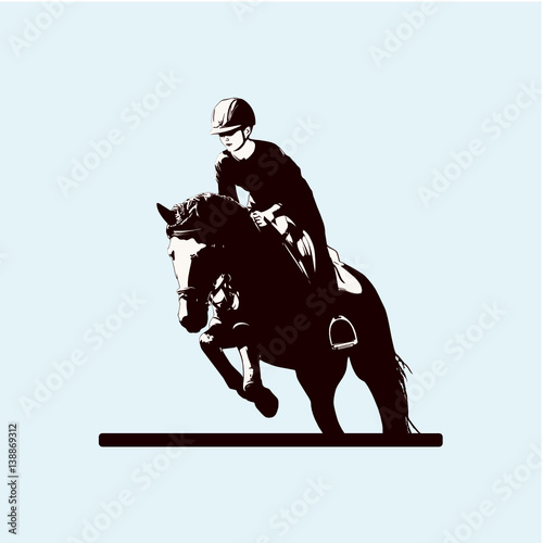 Horseman on horse jumping over hurdle on equestrian sport competition, sketch vector emblem on a light blue background.