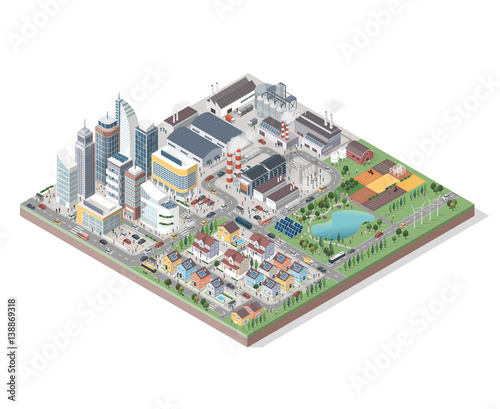 Vector isometric city with buildings, people and vehicles