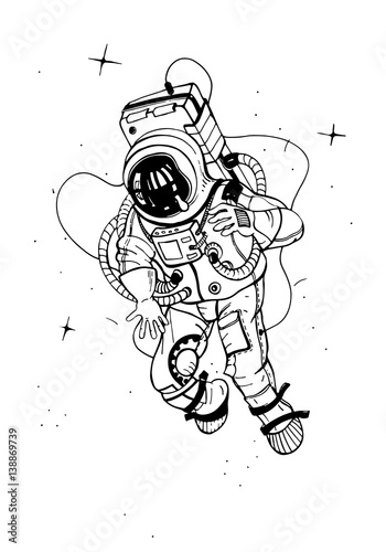 Astronaut in spacesuit. Cosmonaut into space on the background of stars. Vector illustration.