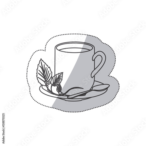 grayscale contour sticker of hot mug of tea vector illustration