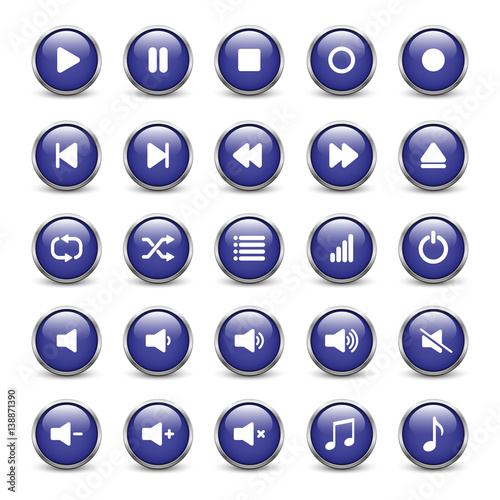Slika na platnu Set of blue media player buttons with metal frame and shadow