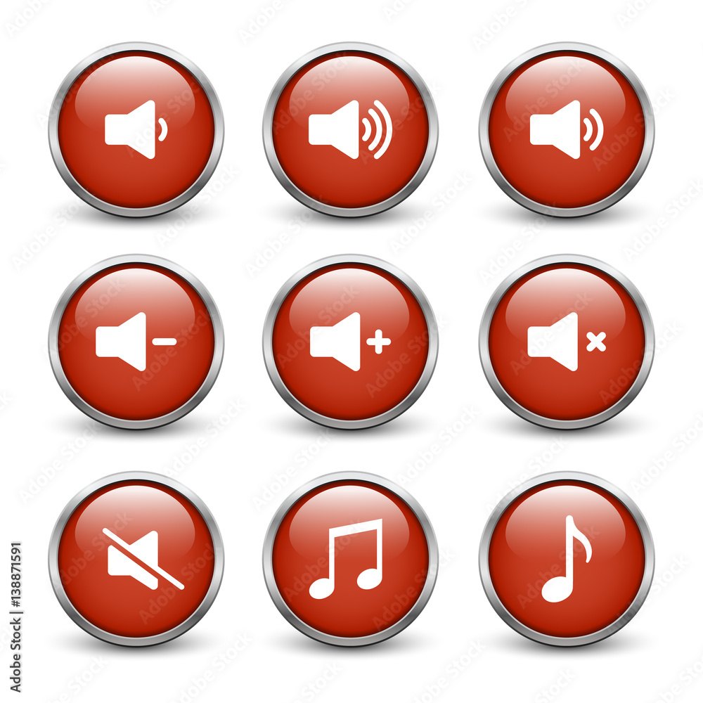Set of red sound buttons with metal frame and shadow Set of red sound buttons with metal frame and shadow