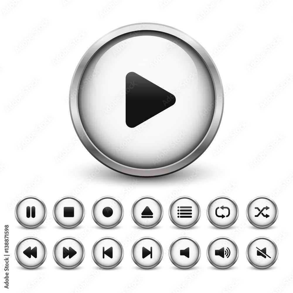 Set of white media player buttons with metal frame and shadow Set of white media player buttons with metal frame and shadow