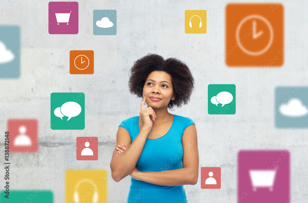 happy afro american young woman with menu icons happy afro american young woman with menu icons