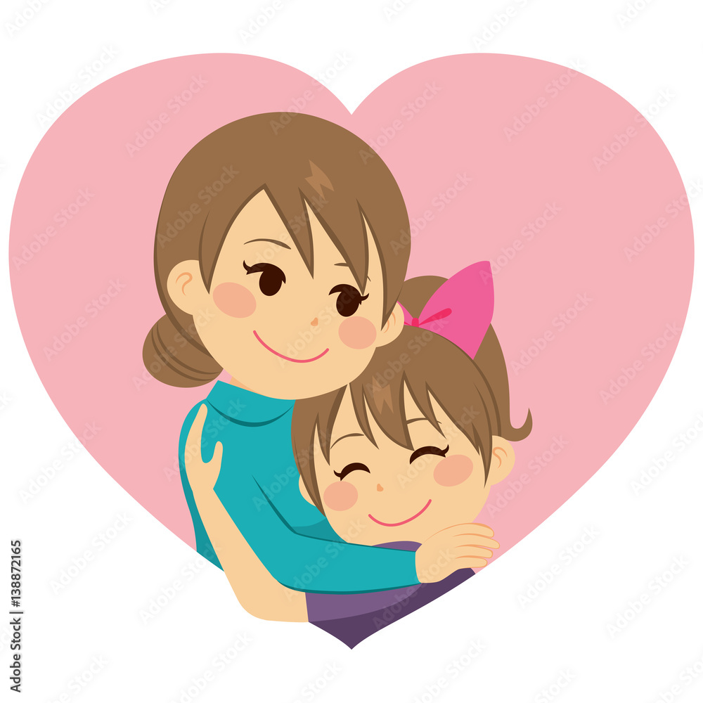 Cute little girl daughter hugging mom celebrating Mother's Day Cute little girl daughter hugging mom celebrating Mother's Day