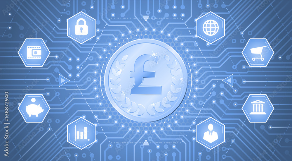 Digital Pound Sterling. A metallic coin with the Pound Sterling symbol on it in electronic cyberspace. Graphic composition on the theme of Digital Currencies.