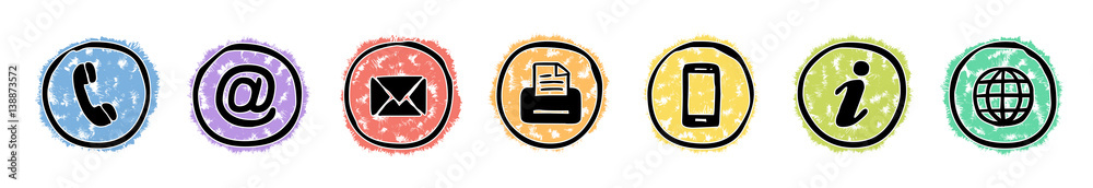 Handgezeichnete, runde Kontakt-Icons / farbige Kreidezeichnung, Vektor, freigestellt Handgezeichnete, runde Kontakt-Icons / farbige Kreidezeichnung, Vektor, freigestellt
